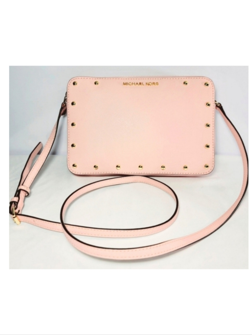 Michael Kors Sandrine Gold Studded Pink Crossbody Bag.